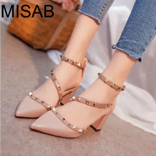 2016 women pumps fashion new design rivets women sandals comfortable square heels quality high heels summer autumn heels ALF204