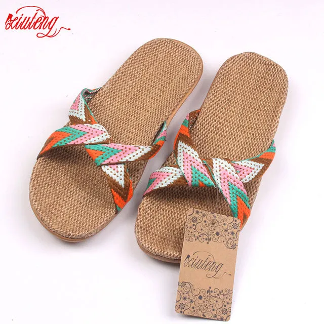 2017 Fashion Flax Home Slippers Indoor Floor Shoes Cross Belt Silent Sweat Slippers For Summer Women Sandals