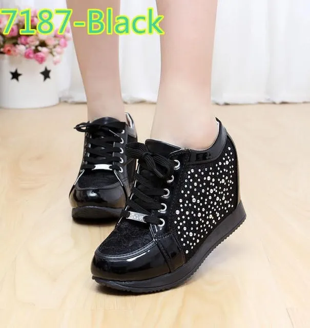 Black White Free Shipping Hidden Wedge Heels Fashion Women's Elevator Shoes Casual Shoes For Women wedge heel Rhinestone 2017