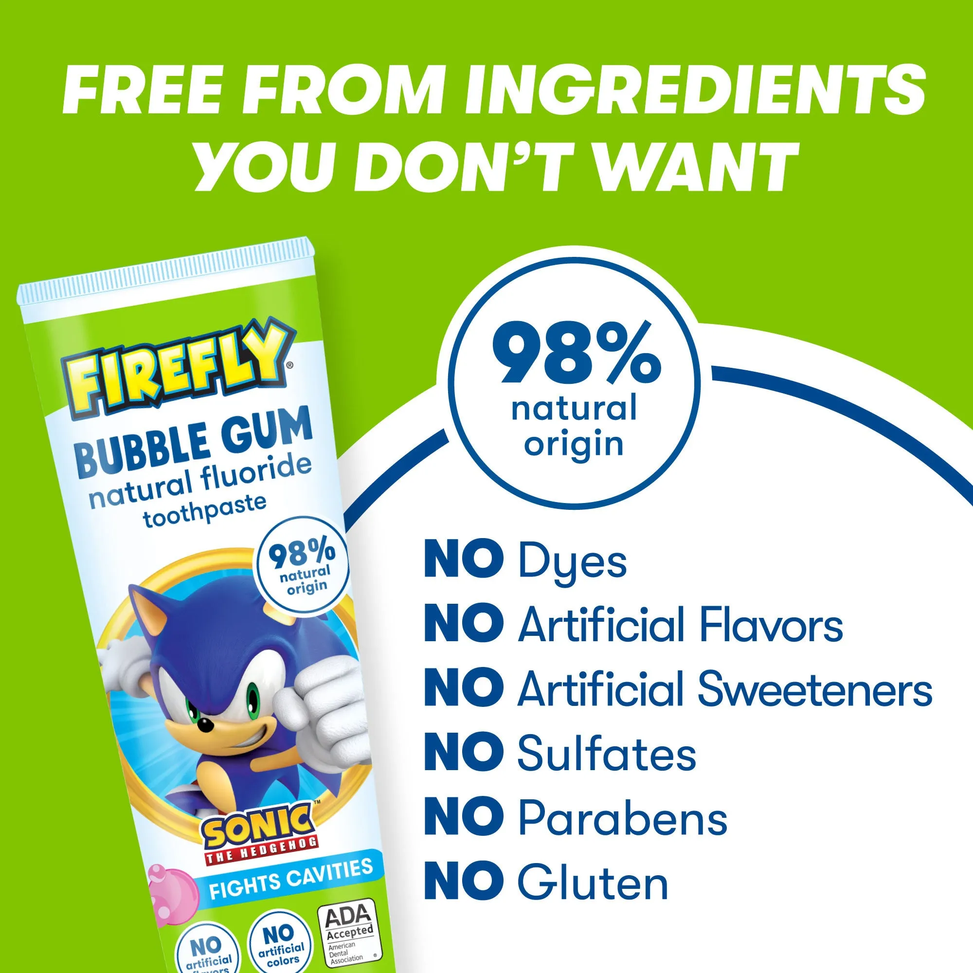 Firefly Kids Anti-Cavity Natural Fluoride Toothpaste, Sonic the Hedgehog, Bubble Gum Flavor