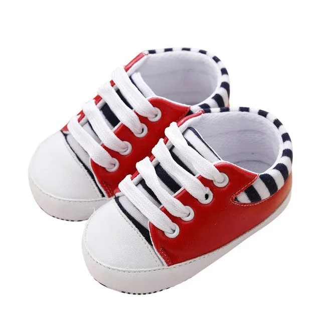 First Walkers Baby Shoes Newborn Girl Boy Soft Sole Crib Toddler Shoes Striped Sneaker Sports Cotton PU Shoes Casual 0-18 M