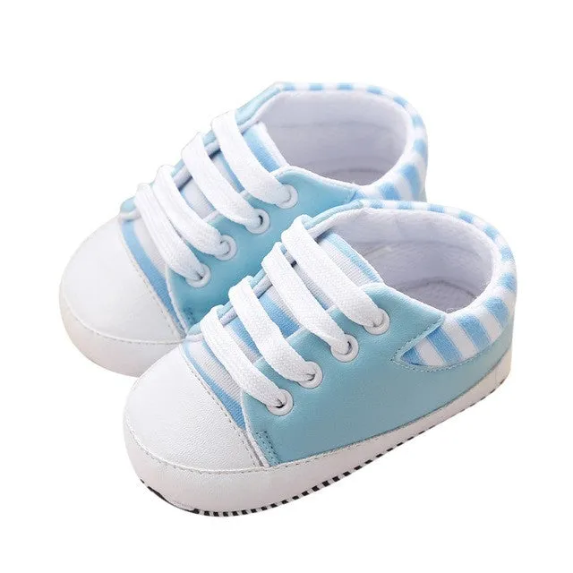 First Walkers Baby Shoes Newborn Girl Boy Soft Sole Crib Toddler Shoes Striped Sneaker Sports Cotton PU Shoes Casual 0-18 M