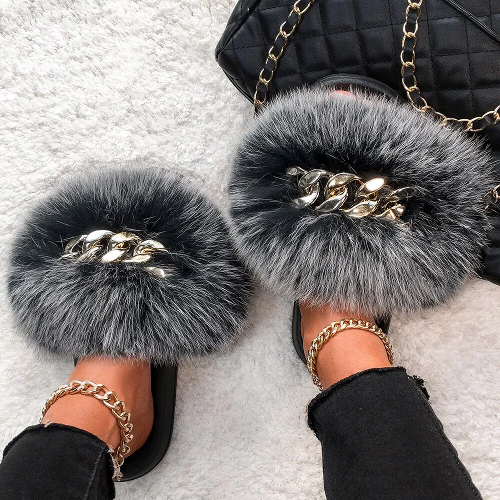 Fox Fur Chain Slides