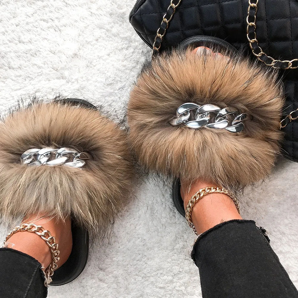 Fox Fur Chain Slides