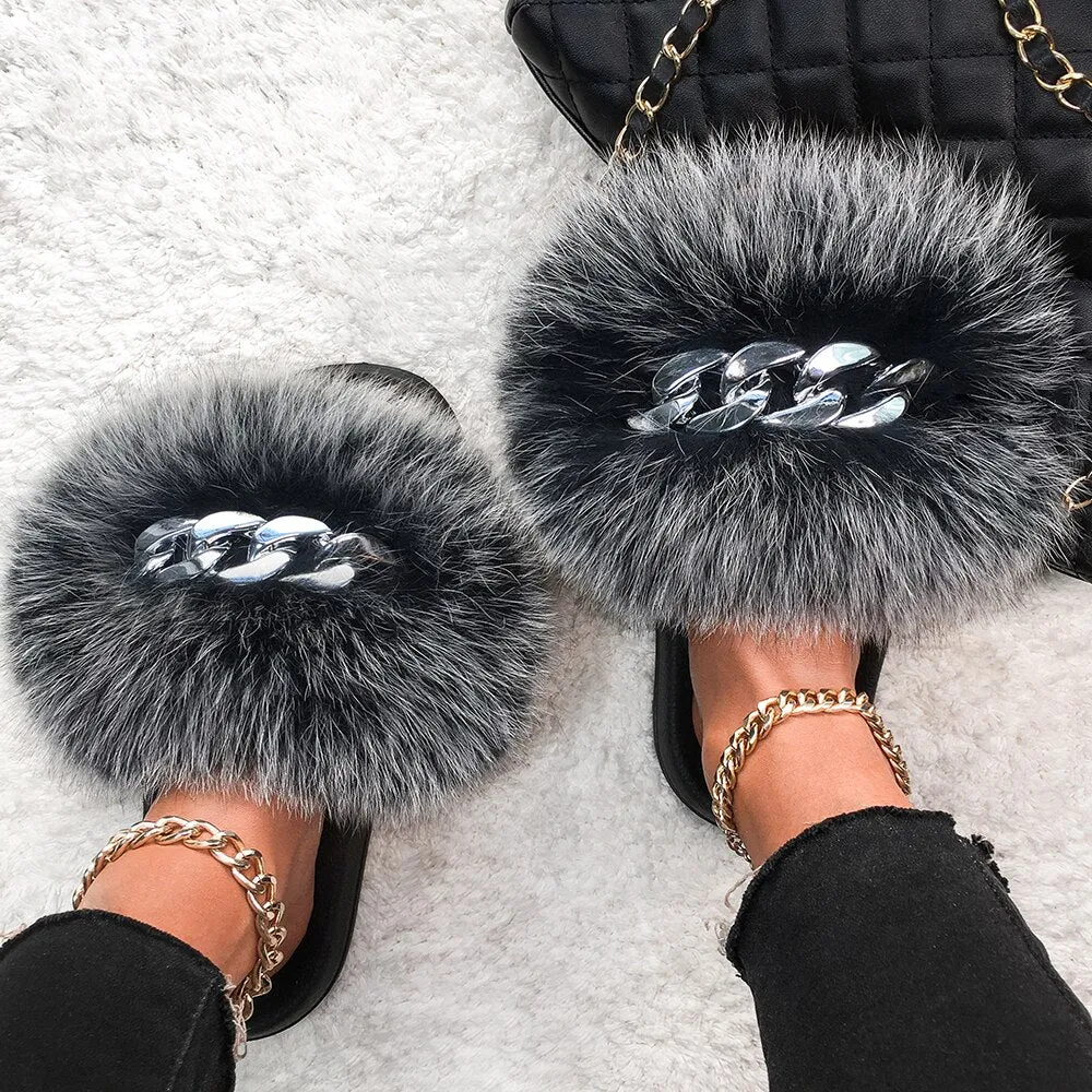 Fox Fur Chain Slides