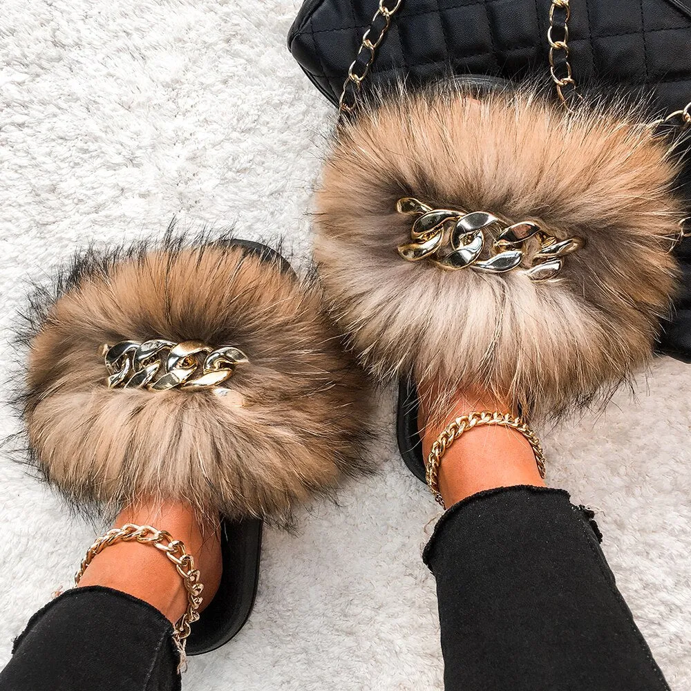 Fox Fur Chain Slides