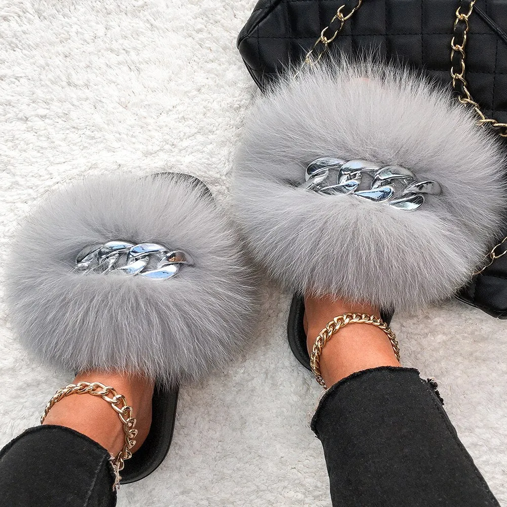 Fox Fur Chain Slides