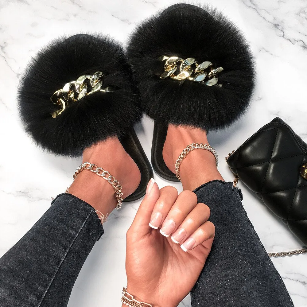 Fox Fur Chain Slides