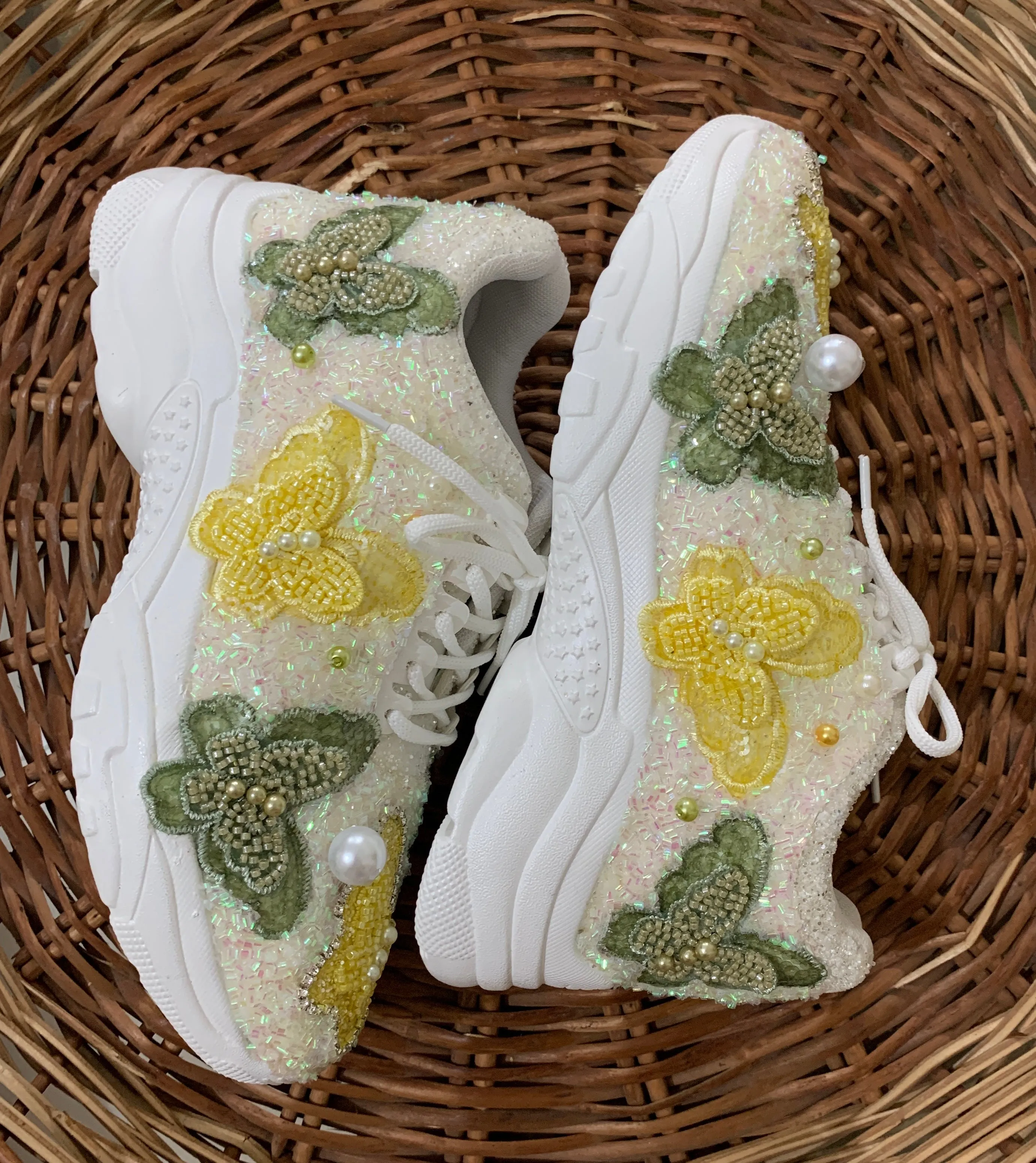 FUNKY N TRENDY yellow and green butterfly embroidery sneakers for brides /yellow embroidered sneakers/ handcrafted sneakers/ butterfly sneakers / bridal sneakers / bridesmaid sneakers/ green and yellow hand work sneakers/yellow shoes