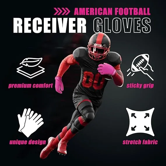 HANDLANDY Football Gloves Men, Sticky Wide Receiver Grip Gloves, Hot Pink Stretch Fit Football Gloves Adult S756