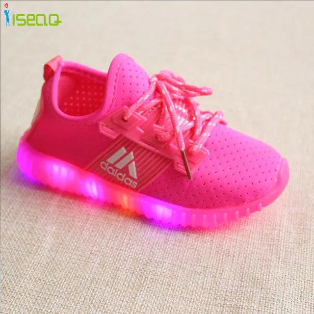 Hot sale Children Girls LED Luminous Sneakers Kids Sports Shoes Girl PU Casual Boots for Spring Autumn Rubber Button EUR 21-36