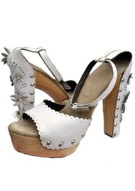 Retro 40s style High Heel Clog White Cutwork Leather Sandals Shoes • size UK5 by Schuh