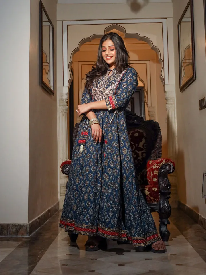 Women Blue Cotton Anarkali Kurta