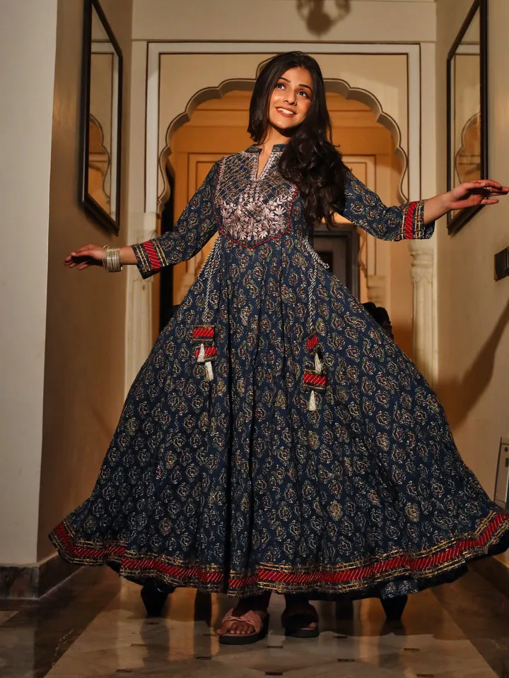 Women Blue Cotton Anarkali Kurta