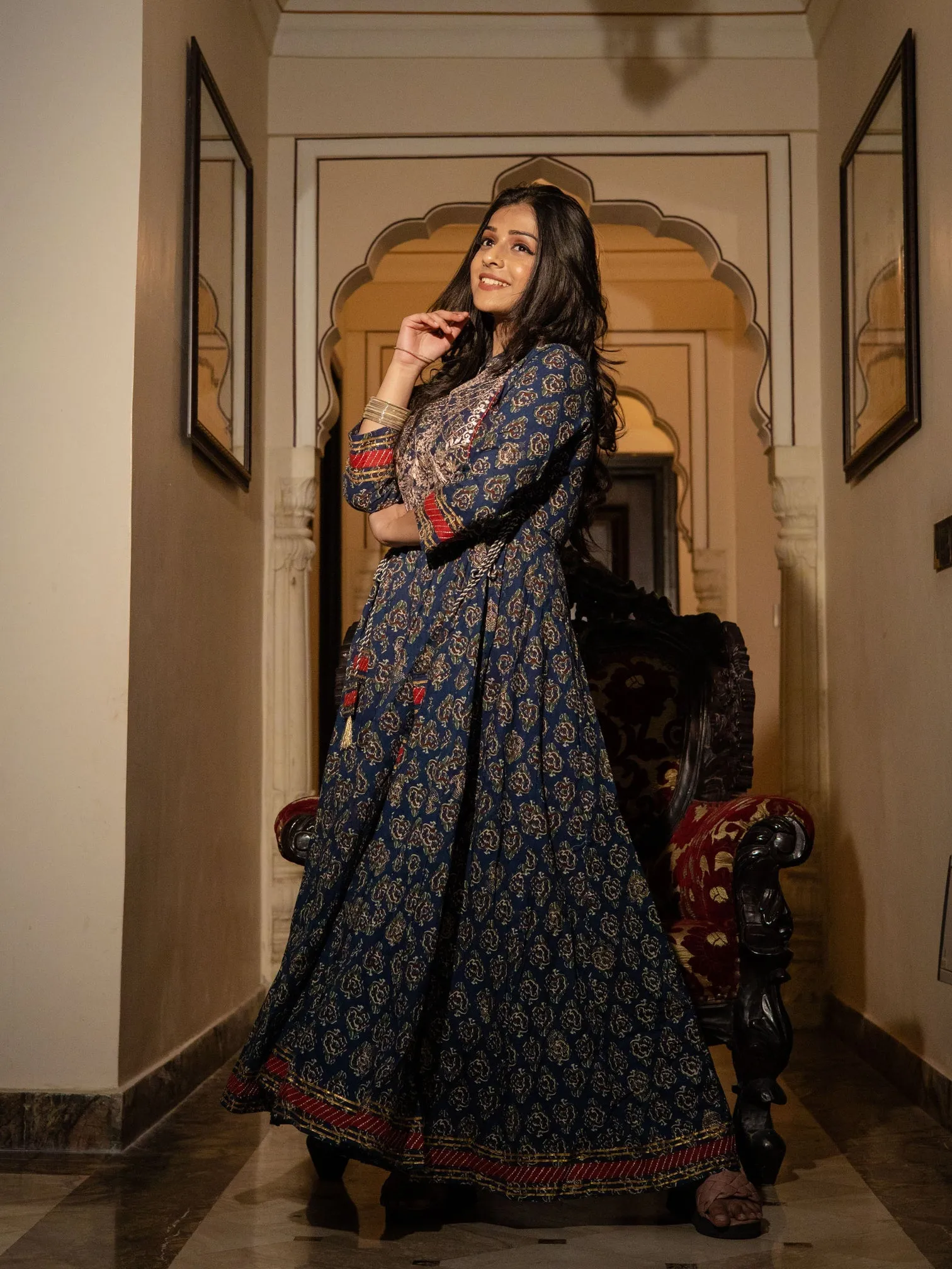 Women Blue Cotton Anarkali Kurta