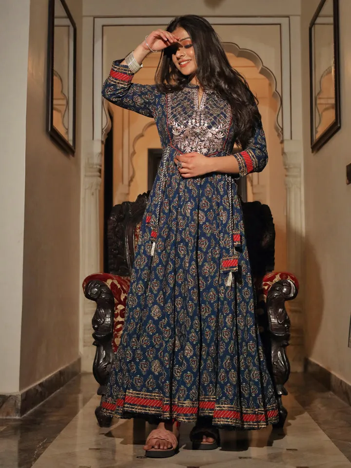 Women Blue Cotton Anarkali Kurta