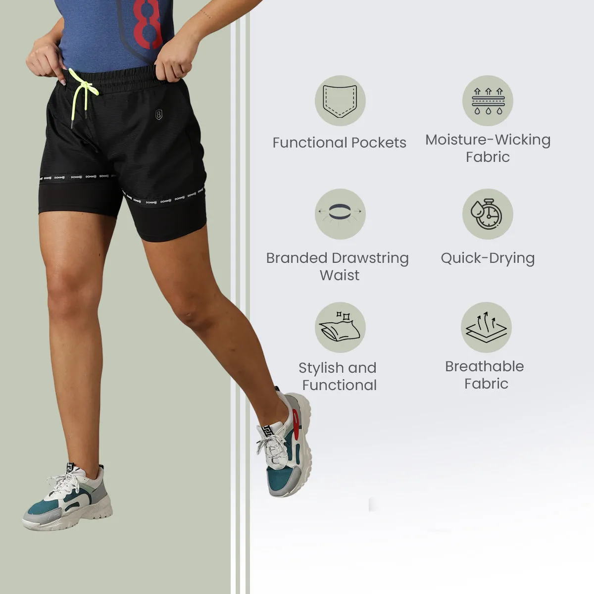 Women's Double Layered Solid Training Shorts with Drawstring Waist