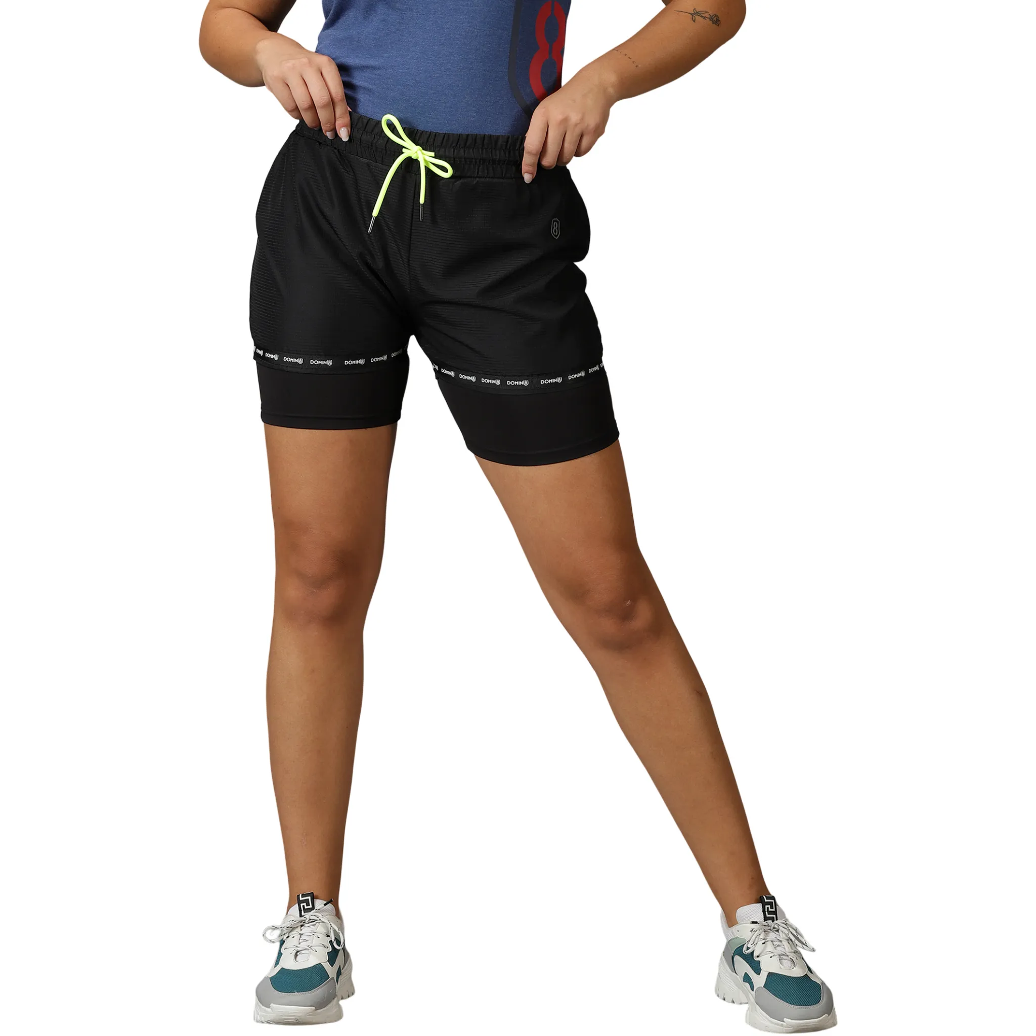 Women's Double Layered Solid Training Shorts with Drawstring Waist